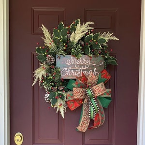 Merry Christmas wreath for front door, traditional Christmas wreath decor with berries, evergreen and pine cone Christmas wreath