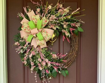 Everyday farmhouse wreath, pink floral wreath for front door, everyday front porch, gift for her, wedding gift, pink floral twig wreath