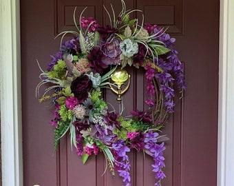Purple floral wreath for front door, purple peony wreath, elegant floral wreath, everyday front door, gift for her, wedding gift
