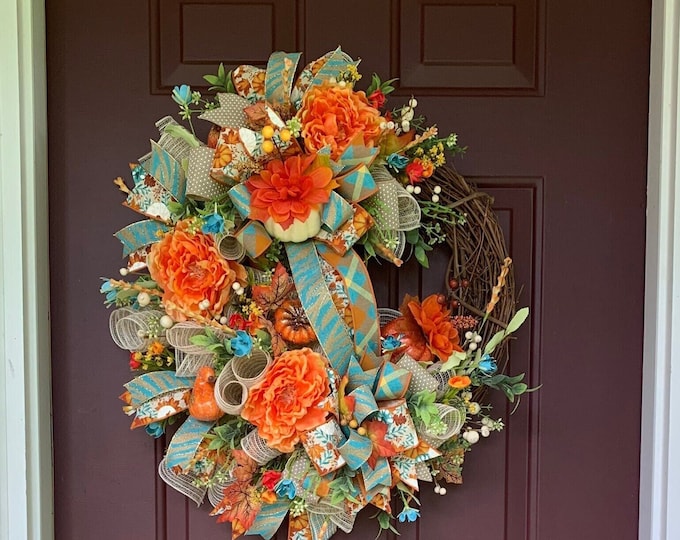 Fall Wreath for Front Door, Turquoise and Orange Fall Wreath, Fall ...