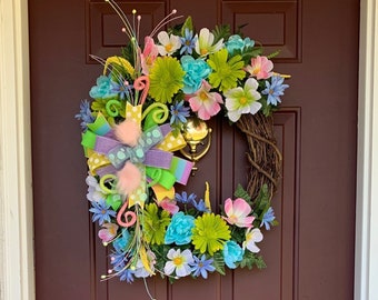 Whimsical Easter wreath, spring wreath, pastel floral decor, summer front porch, Easter gift, Spring front door, holiday wreath