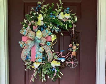 Spring bicycle wreath for front door, spring front door decoration, wreaths for front porch, wreath with bicycle door decor