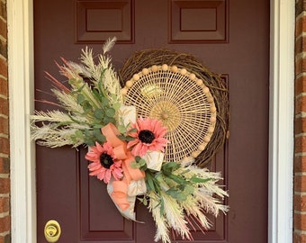Boho coral sunflower wreath for front door, shabby chic front door decor , boho sunflower wedding gift, natural foxtail and sunflower wreath