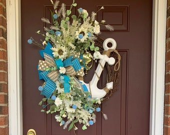 Nautical beach wreath with sunflowers and anchor for front door, coastal wreath for entryway, Nautical anchor waterfront decor, beach wreath