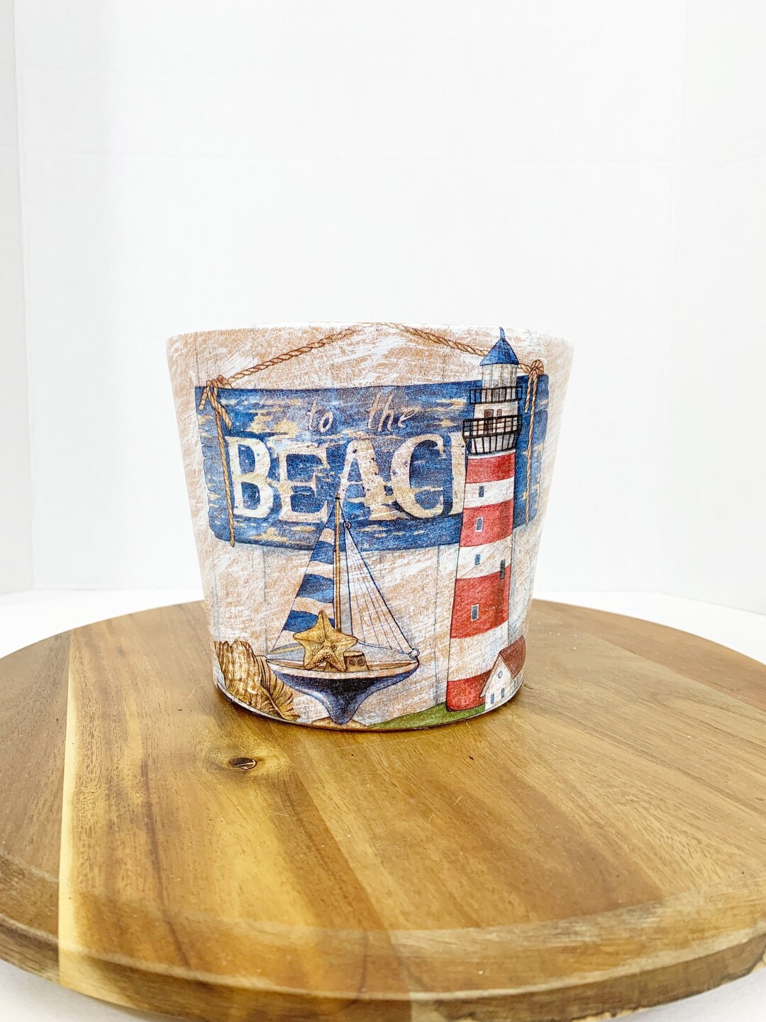 Decoupaged Beach Garden Planter With Lighthouse and Sail Boat, Outdoor