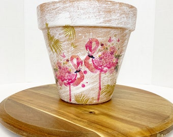 Decoupaged flamingo garden planter, flamingo flower pot, pink flamingo decor, gardeners gift, gift for her, flamingo porch pot