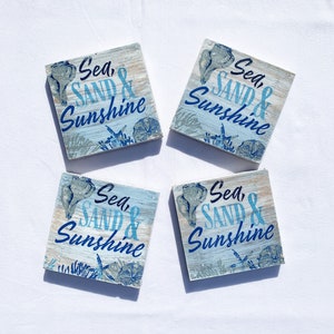 Decoupaged wooden beach coasters for drinks, decoupaged drink coasters, beach house table decor, coastal drink holder, ocean drink coasters