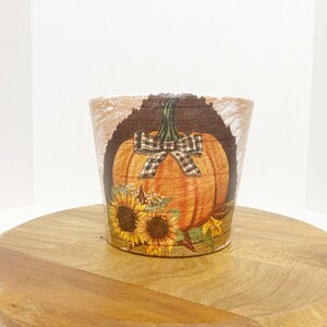 Decoupaged Pumpkin Planter, Fall Sunflower Decor, Buffalo Plaid Bow