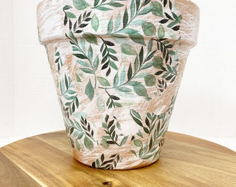 Decoupage green leaf garden planter, outdoor garden flower pot, decorated planter, garden decor, decoupage flower pot, gardeners gift