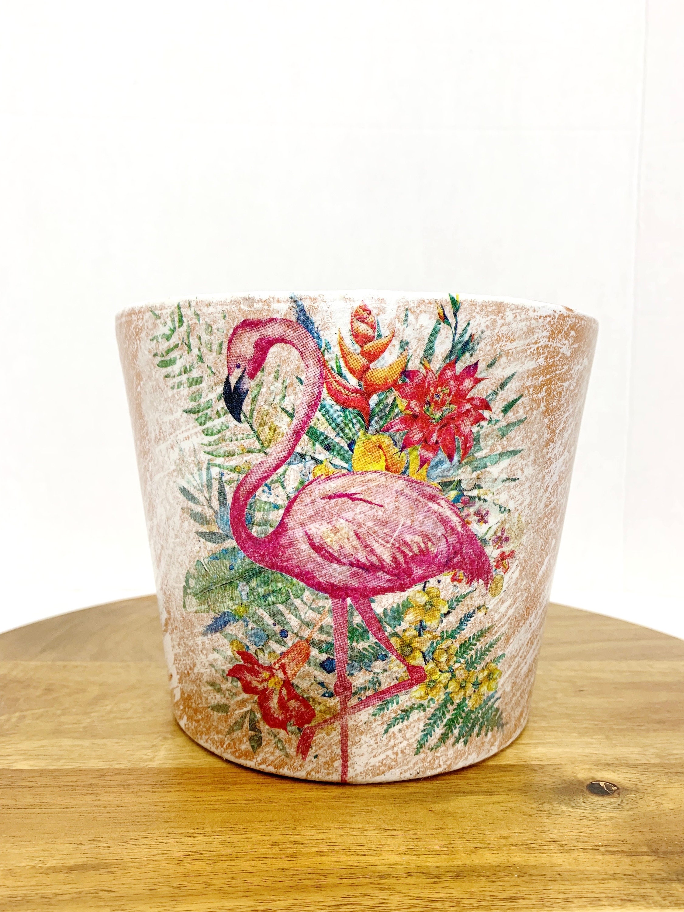Decoupaged Flamingo Garden Planter, Flamingo Flower Pot, Pink Flamingo