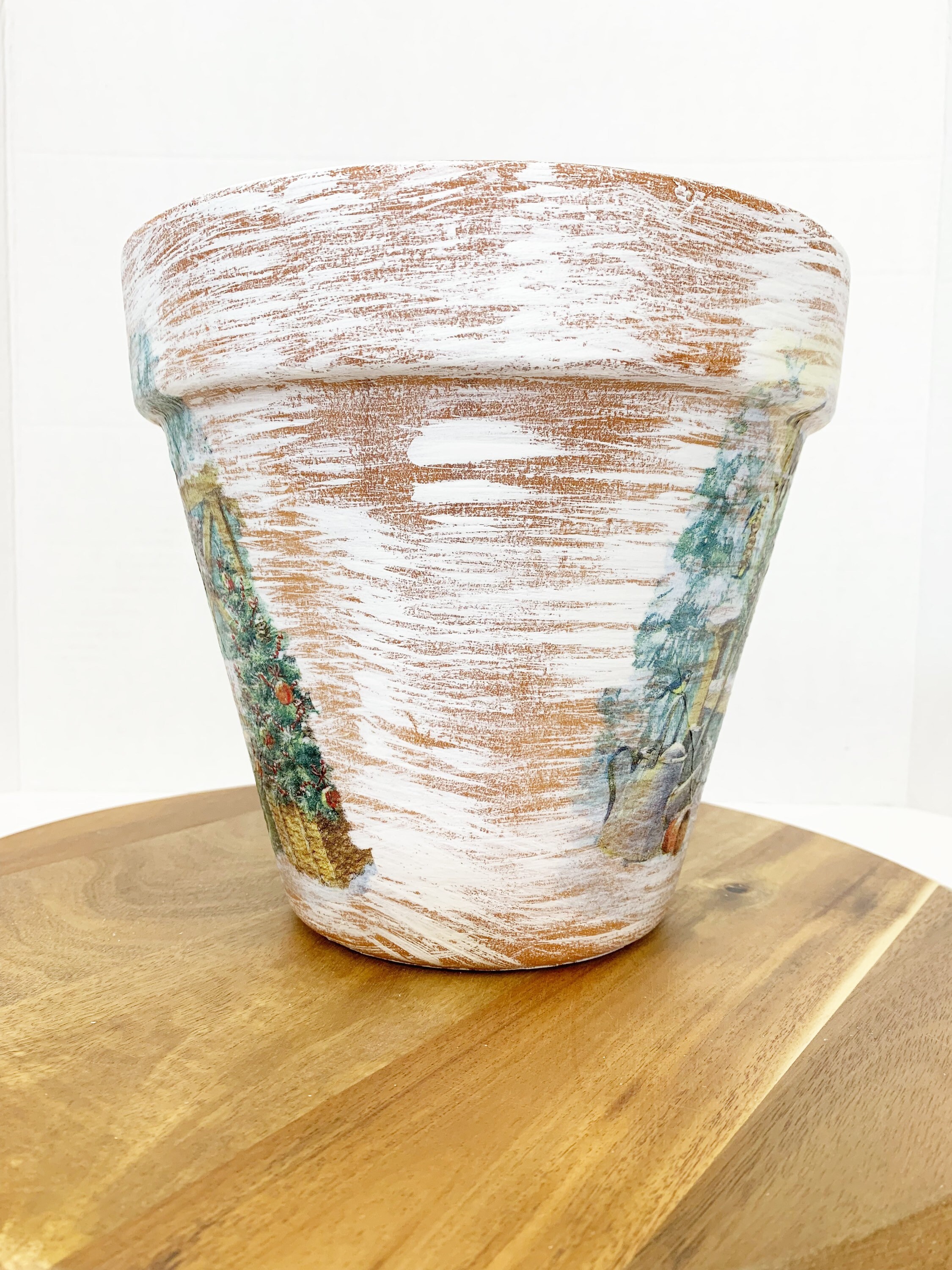 Christmas Decoupaged Planter, Winter Scene Flower Pot, Christmas Porch