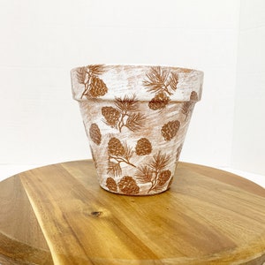 Decoupaged pine cone garden planter, fall garden decor, decorated flower pot, garden planter, gardeners gift, Christmas gift, porch pot