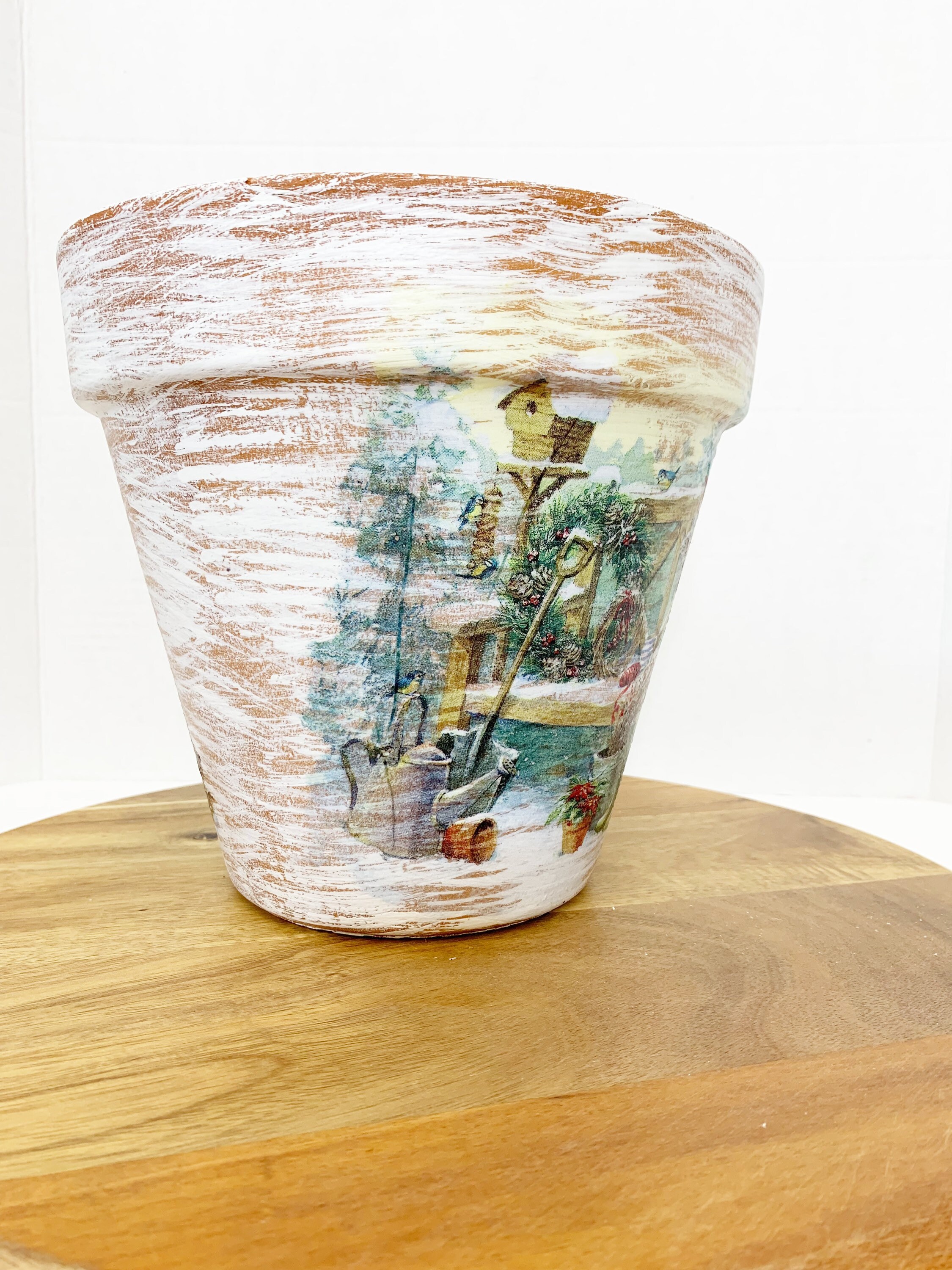 Christmas Decoupaged Planter, Winter Scene Flower Pot, Christmas Porch