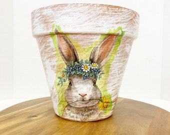 Decoupaged Easter garden planter, Easter bunny flower pot, gardeners gift, outdoor garden decor, decoupage flower pot with rabbit, porch pot