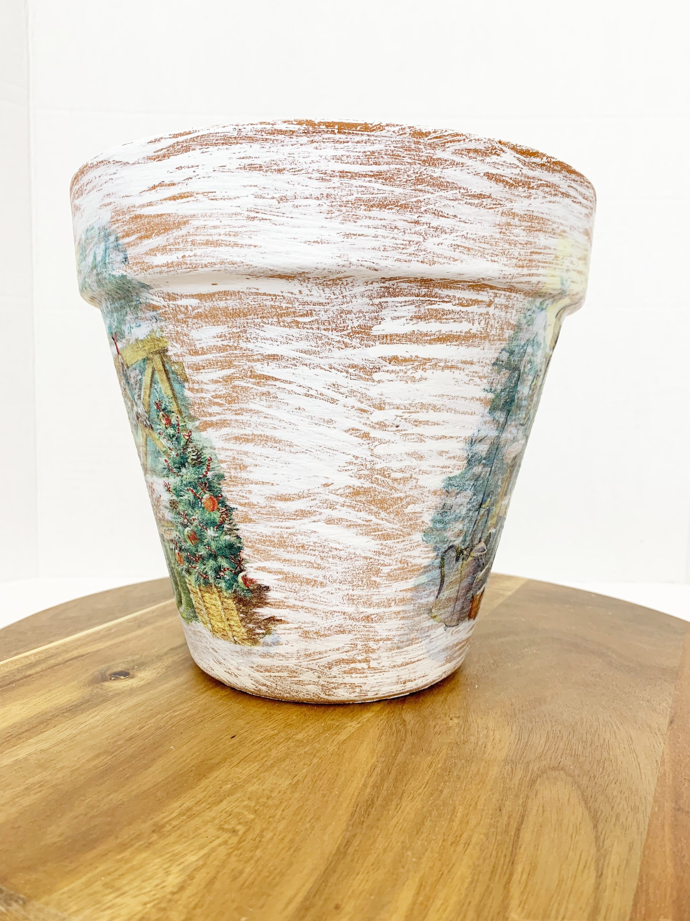 Christmas Decoupaged Planter, Winter Scene Flower Pot, Christmas Porch