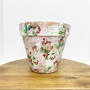 Decoupaged planter, Christmas Holly flower pot, garden flower pot, Christmas porch planter, gardeners gift, holiday porch decor, flower pot