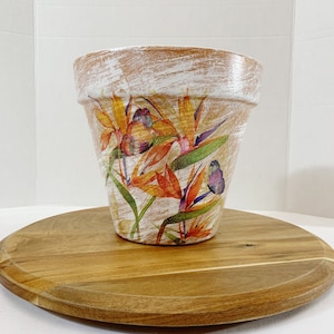 Decoupaged tropical garden planter with butterflies, tropical garden decor, butterfly flower pot, bird of paradise garden planter