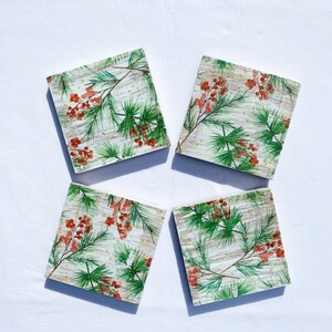 Decoupaged Christmas evergreen and berry drink coasters, decoupaged table coasters, Christmas table decor, wooden drink coasters