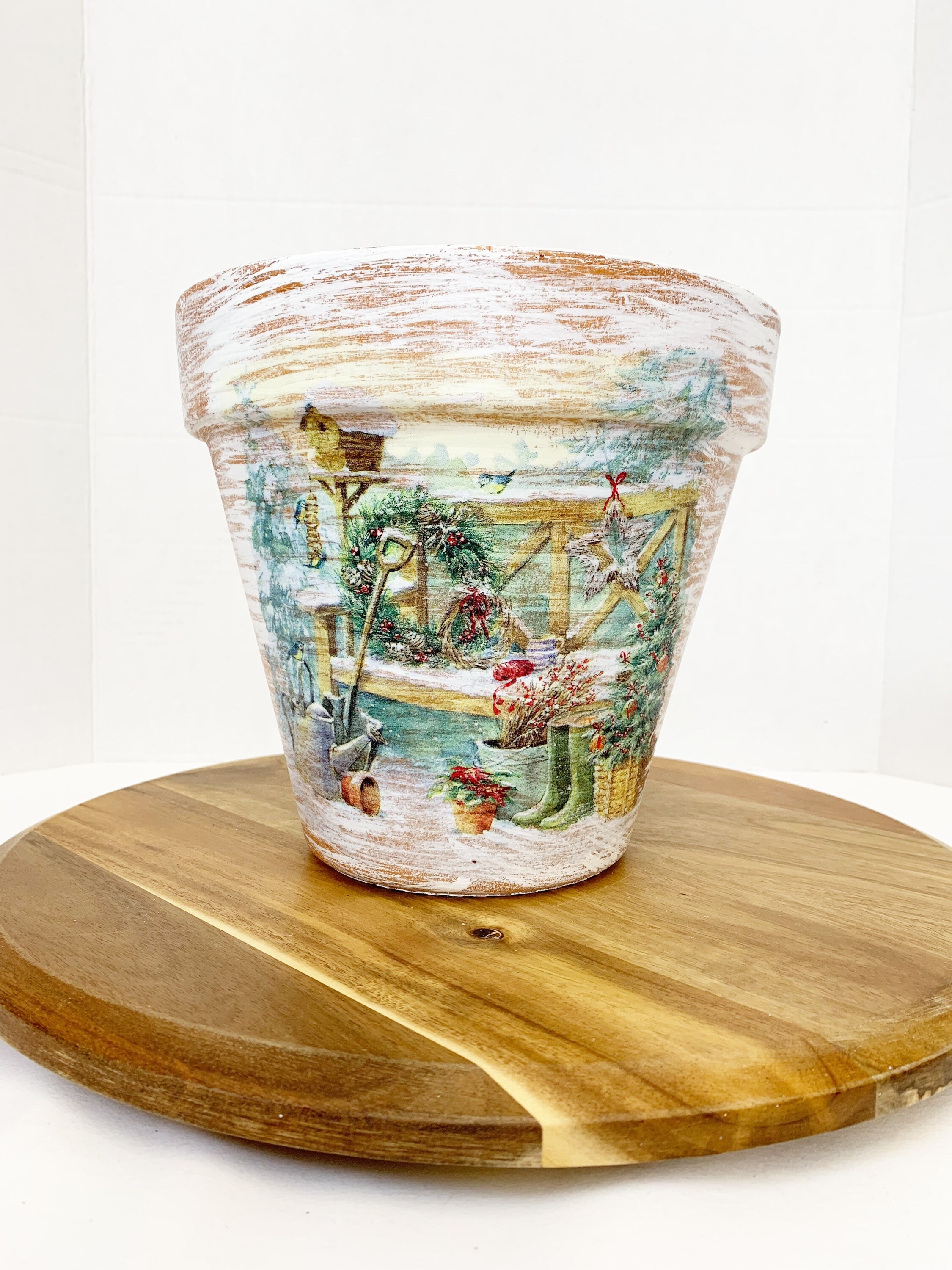 Christmas Decoupaged Planter, Winter Scene Flower Pot, Christmas Porch