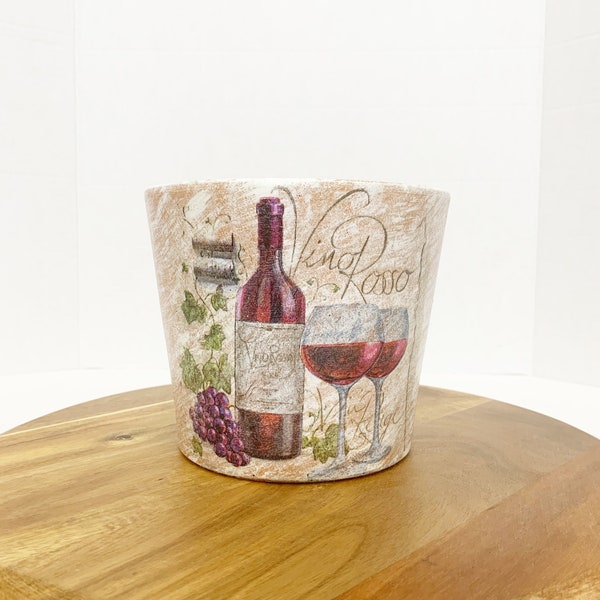 Decoupaged wine bottle garden planter, wine lovers decor, wine lovers gift, decoupaged flower pot, wine kitchen decor, housewarming gift