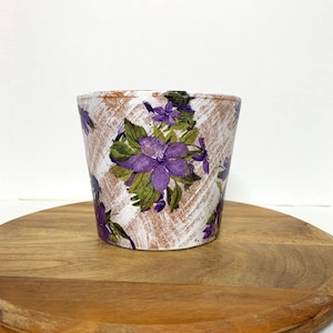 Decoupaged Purple Clematis Terracotta Planter, Floral Flower Pot, Garden Decor