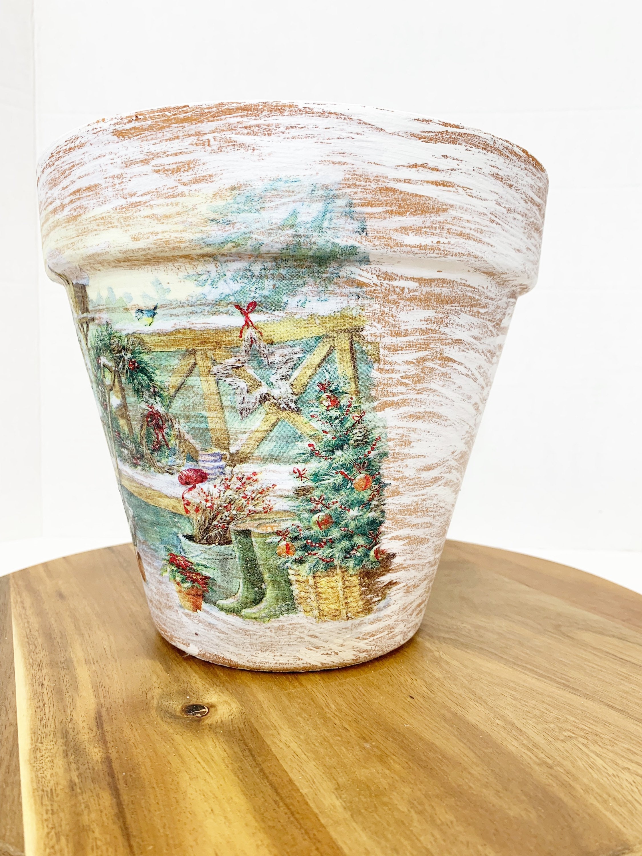 Christmas Decoupaged Planter, Winter Scene Flower Pot, Christmas Porch