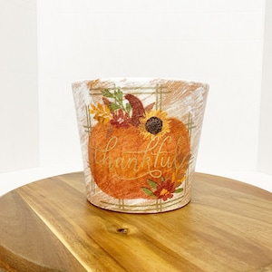 May include: A white ceramic planter with a fall-themed design. The planter features an orange pumpkin with the word "thankful" in gold script, surrounded by fall foliage. The background has a plaid pattern.