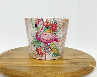 Decoupaged flamingo garden planter, flamingo flower pot, pink flamingo decor, gardeners gift, gift for her, flamingo porch pot