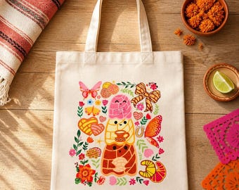 Mexican Concha Tote Bag, Reusable Canvas Market Bag with Colorful Folclorico Design