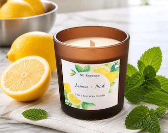 Lemon and Mint Leaf Soy Candle/ Natural Boho Gift/ Fresh Citrus Kitchen Candle