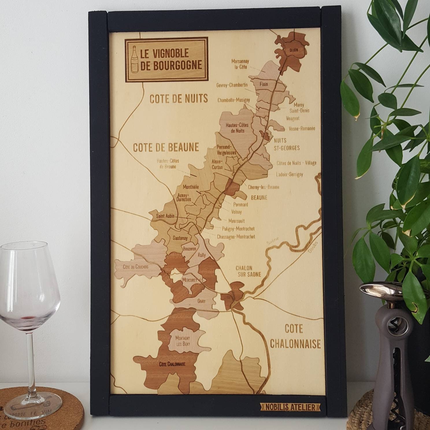 Carte en Bois Du Vignoble Bourgogne - Fait Main Pièce Unique de Fabrication Artisanale France