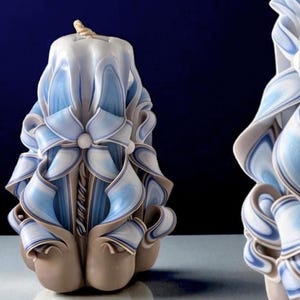 Blue Beige Carved Candle – Personalized Gift for Home, Wedding, Birthday – Unique Candle Art in 3 Sizes