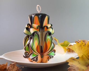 Hand Carved Autumn Candle – Orange Yellow Green Decorative Pillar Candle, Traditional Carving, 2 Sizes