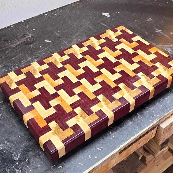 Handmade End Grain butcher block. Chopping Board, gift. Made from brown maple and purple heart