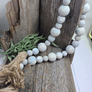 Weathered Distressed  Farmhouse Wood Bead Garland,  Pale Blue & White