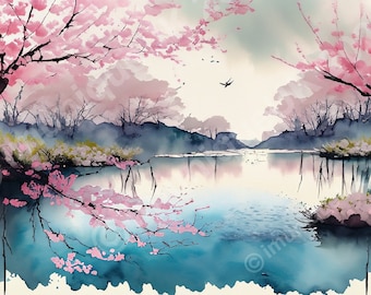 Cherry Blossom Lake Art Print: Tranquility Fantasy Landscape (Digital Download)