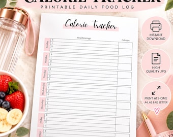 Può includere: Un foglio stampabile per il registro giornaliero degli alimenti con una tabella settimanale che include colonne per pasti, bevande e calorie. Il documento presenta righe per ogni giorno della settimana, contrassegnate con B, L, D e S.