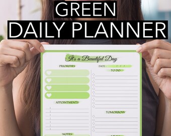 Daily Planner | Daily Calendar | Daily Schedule | To-Do List | Green |  Instant Download | Printables Daily | Organiser |  School Planner