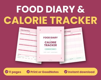 Può includere: Un set stampabile di diario alimentare e contacalorie con una pagina di copertina centrale e due fogli interni con layout rosa e bianchi. Il testo recita FOOD DIARY & CALORIE TRACKER, 11 pages, Print or GoodNotes e Instant download.