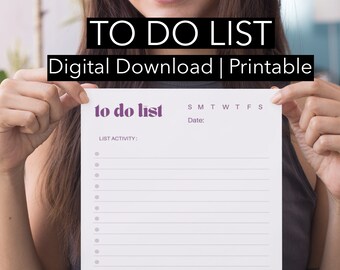 Puede incluir: Una hoja de lista de tareas imprimible en blanco con texto y detalles en morado. El encabezado dice to do list, seguido de S M T W T F S, una línea de fecha, una sección list activity con diez líneas con viñetas y una sección de notas.
