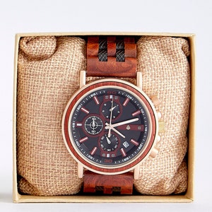 Red Wooden Watch, Mens Accessories, Watch With Gift Box, Unique Gifts For Him, Analog Wrist Watch, Sustainable Wristwatch ~ The Redwood