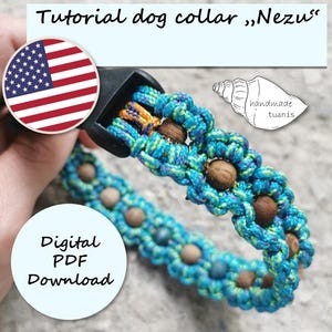 Könnte beinhalten: Ein türkisfarbenes und violettes Paracord-Hundehalsband mit Holzperlen und einer schwarzen Kunststoffschnalle. Das Halsband ist handgefertigt und das Bild enthält den Text "handmade tuanis". Das Bild enthält auch den Text "Tutorial dog collar "Nezu"" und "Digital PDF Download".