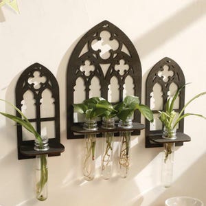 May include: Three dark brown wooden wall planters in a gothic window design. Each planter holds a glass vial with a plant. The center planter has three vials, while the side planters each have one. The plants have green leaves.