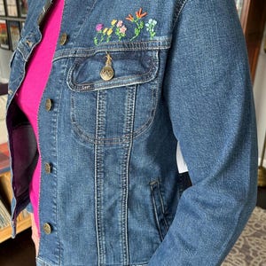 Embroidered denim jacket, jean jacket with embroidery, hand embroidery on jean jacket, flower embroidery
