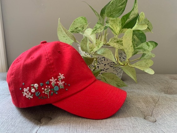 Vibrant Red Floral Embroidered Hat Red Embroidered Hat, Women main image 4