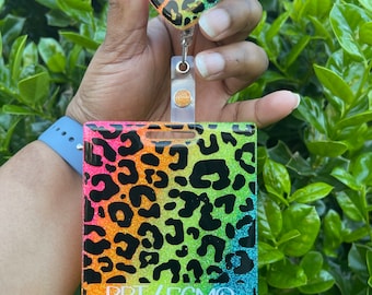 Custom Rainbow Leopard Print Glitter Badge Buddy and Badge Reel Set