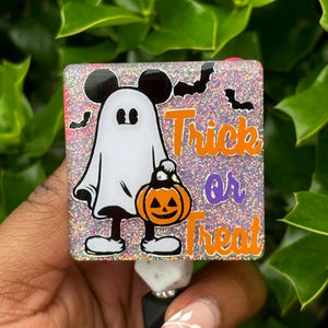 Mickey Ghost Trick or Treat Glitter Badge Reel