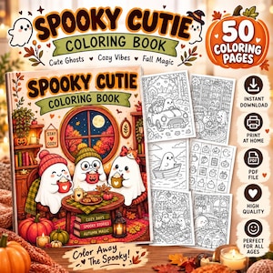 Spooky Cozy, a charming Halloween coloring book filled with cute ghosts, playful cats, pumpkins, cozy interiors, magical nighttime scenes