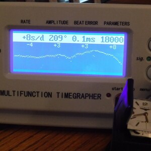 May include: A white timegrapher with a blue screen displaying a graph with the text "+8s/d 209&deg; 0.1ms 18000". The timegrapher has the text "Weishi No 1000" and "MULTI FUNCTION TIMEGRAPHER" on the front. A watch is being tested on the timegrapher.