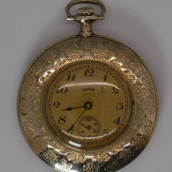 Illinois circa 1911 pocket watch in a beautiful oversized case with an unusual gold colored art nouveau dial